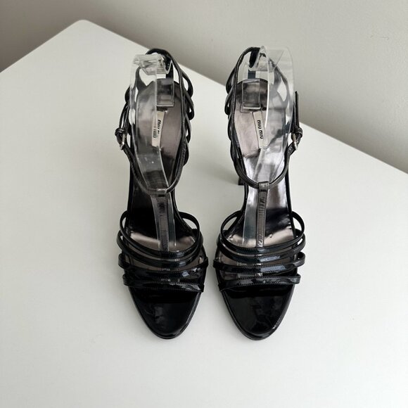MIU MIU Black/Silver Patent Leather T-Strap Platform Sandals Heels Size 39 - Picture 2 of 14